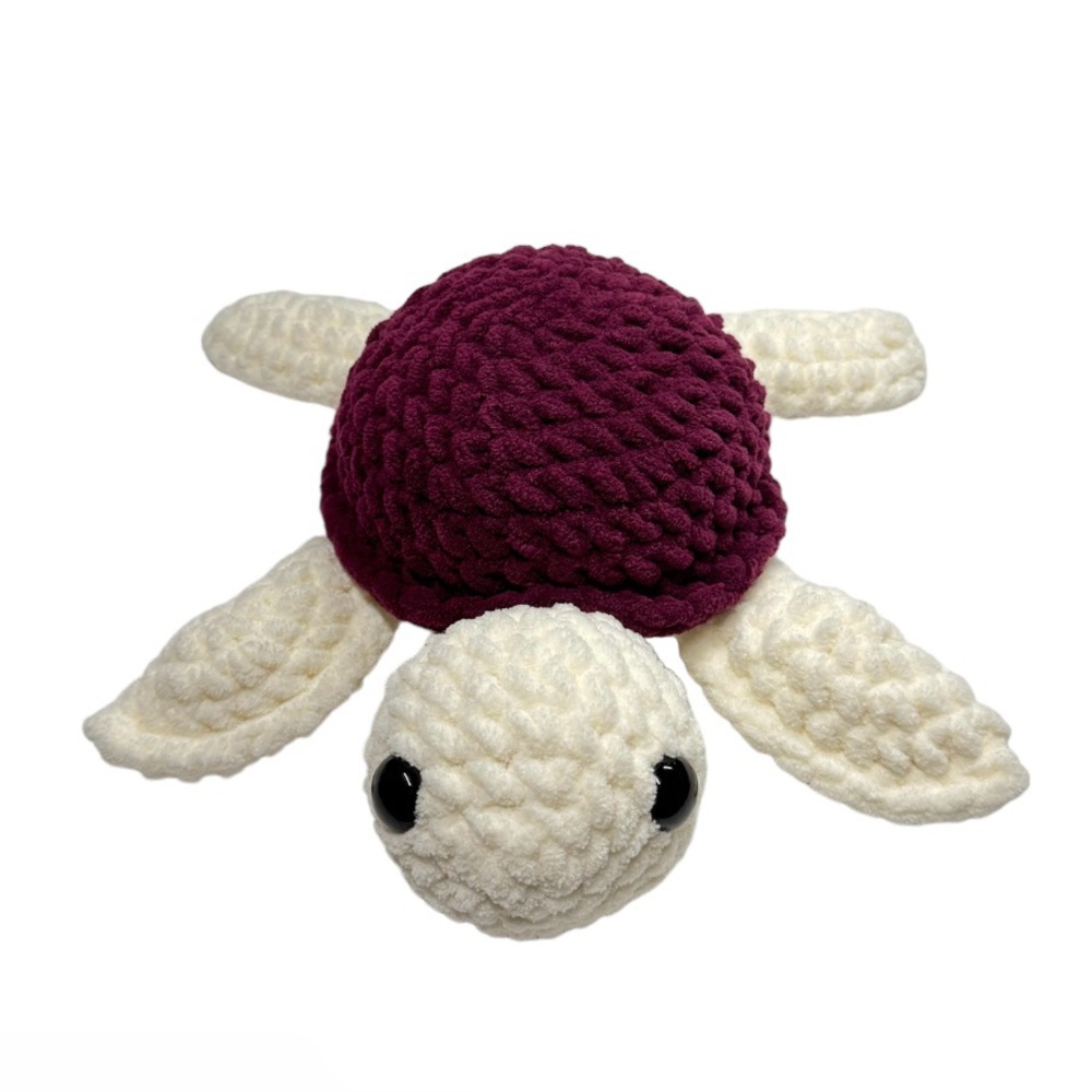100% handmade crochet turtle. White and purple / burgundy color soft plushy.